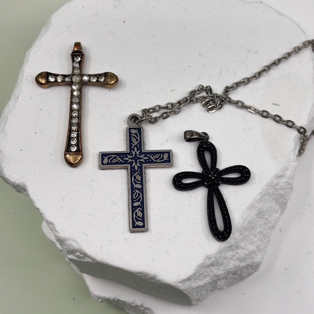 Vintage Cross Pendant Necklace Trio - Mid 20th Century Religious Jewelry
